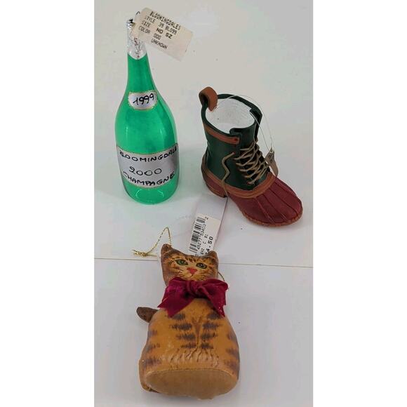 Vintage Bloomingdale Christmas Ornaments Lot Of 3 Champagne Bottle Cat Duck Boot - Picture 1 of 14